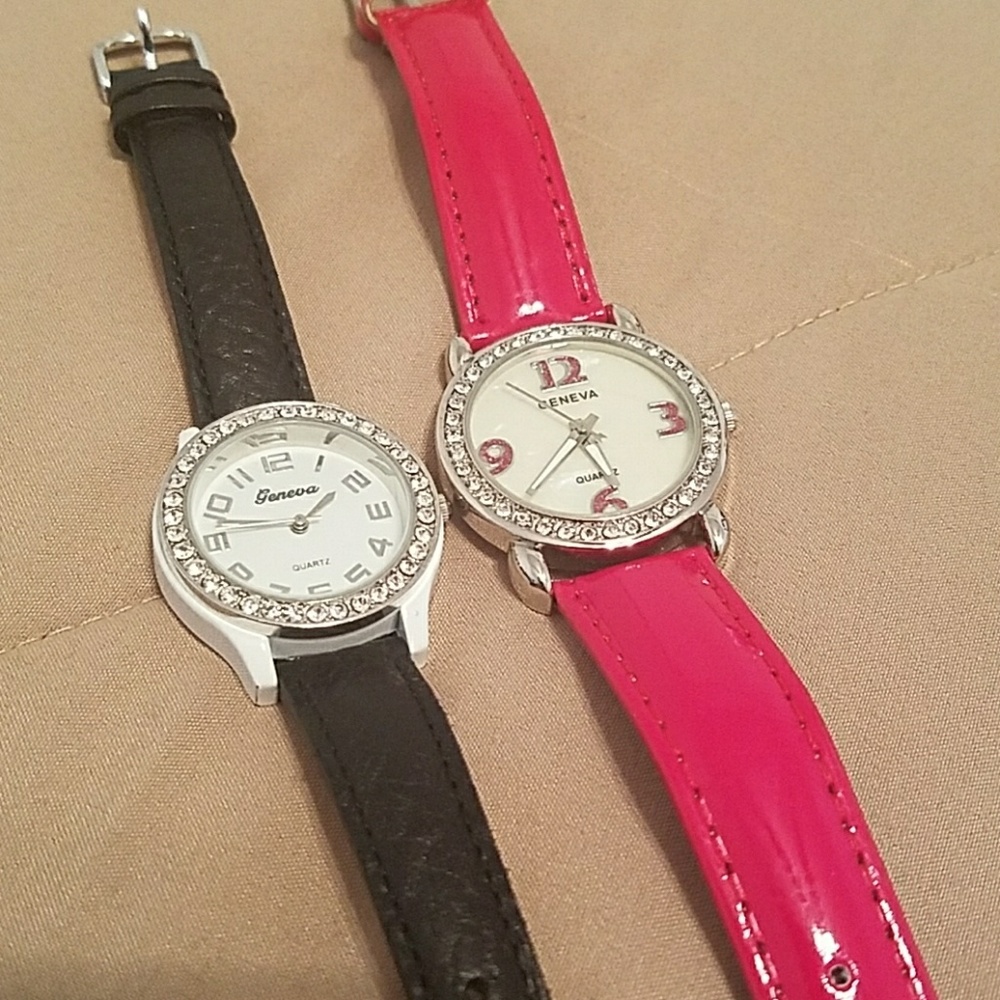 2 Geneva crystal face watches black and red strap